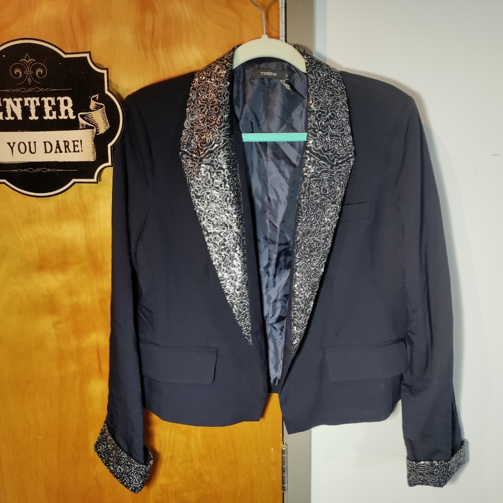 Satin Lined Sequin Collar Large Black Blazer